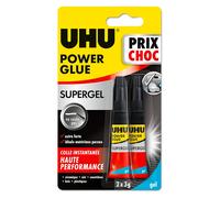 UHU Power glue gel - Colle instantanée ultra rapide et forte, ne coule pas, sans solvants, transparente, tubes 2x3g