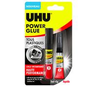 UHU Power glue tous plastiques - colle instantanée, ultra rapide et forte, tous plastiques, transparente, tube activateur 3ml + tube colle 2g