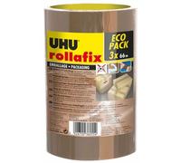UHU Rollafix - Ruban Adhésif Marron - Emballage, Packaging - Adhérence Elevée - Sans Solvants - Se Déchire à la Main - Lot de 3 Rubans de 66 m x 50 mm