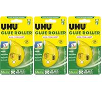 UHU Roller de colle non permanent - Colle de façon non permanente et repositionnable, rapide, propre, précis et instantané, sans solvants, transparent, 8,5 m x 6,5 mm (Lot de 3)