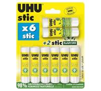 UHU Stic - Bâton de Colle Sans Solvants | Tube De Colle Blanc, Enfant, Loisirs Créatifs, Maison, Fourniture De Bureau, École - Lot de 6 Stics de 8,2 g + 2 Stics R