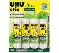 UHU Stic - Bâton de Colle Sans Solvants ReNature - Colle Enfant, Loisirs Créatifs, Bureau, Maison, École - Blanche - Fournitures de Bureau - Lot de 4 Stics de 40 g
