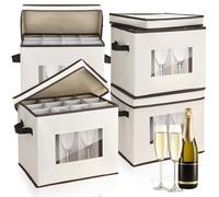 Uiifan Lot de 4 boîtes de rangement pour flûtes à champagne avec séparateurs, 12 compartiments pour verres à pied, boîte de rangement en porcelaine avec couvercle, poignées, fenêtre en PVC pour
