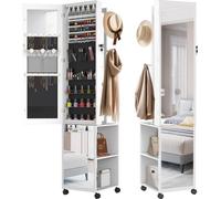 UISEBRT Armoire à bijoux et à vêtements 5 en 1 Blanc avec LED, miroir et roulettes - armoire à bijoux avec miroir intégral et compartiments de rangement