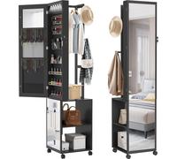 UISEBRT Armoire à bijoux et à vêtements 5 en 1 noire avec LED, miroir et roulettes - armoire à bijoux avec miroir intégral et compartiments de rangement