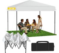 UISEBRT Pavillon pop-up blanc 3 x 3 m, pavillon pliable à montage rapide à l'aide d'un seul bouton, imperméable et protection UV, sans panneaux latéraux, sac et piquets inclus