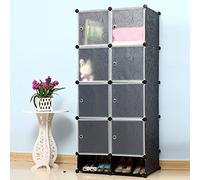 UISEBRT Système d'étagères de penderie à 8 cubes - En plastique - À monter soi-même - Avec porte et meuble à chaussures - Pour vêtements, livres, jouets - 105 x 35 x 140 cm - Noir