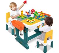 UISEBRT Table de jeu pour enfants Table d'activité avec 2 chaises, 300 pièces de briques Table d'activité multifonctionnelle Set de table de bricolage pour chambre d'enfant