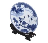 UKCOCO Assiette Décorative en Céramique Bleue et Blanche de Style Chinois avec Support en Bois, Plateau Rond Lisse et Sûr pour Décoration Intérieure et Présent