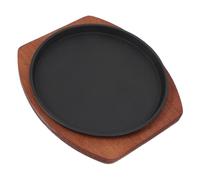 UKCOCO Poêle à Griller Ronde 23 CM en Fonte Plateau de Service en Bois, Poêle à Steak pour Barbecue, Surface Antiadhésive, Entretien Rapide, Adaptée aux Repas Maison