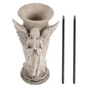 UKCOCO Vase Funéraire Ange Beige en Fer Résine Plastique pour Tombe | Pointe Métallique et Trou de Drainage, Ouverture Large et Profonde, pour Fleurs et Tiges Simples