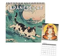Ukiyo E Calendrier mural 2027 Motif chat | Illustrations de chat vintage, illustration de montagne, organiseur mensuel à suspendre, pour la maison, le bureau