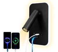 uksunvi LED lampe de lecture lampe murale USB type - C double interrupteur de bouche de charge réglable 12W spot LED 3000k lampe murale aluminium lit lumière pivotante (Rectangulaire noir)