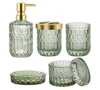 Ulable Ensemble d'accessoires de salle de bain, 5 pièces, distributeur de savon en verre vert, ensemble d'accessoires de salle de bain avec distributeur de lotion, porte-savon, porte-brosse à dents,