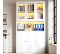 ULEVR Bibliothèque haute blanche 100 x 35 x 200 cm avec vitrine en verre, LED, niche ouverte et 3 portes