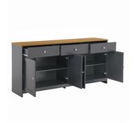 ULEVR Buffet bas rectangulaire style campagne, 160 cm - 4 portes, 3 tiroirs, étagères réglables, noir et gris MDF