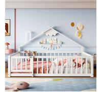 ULEVR lit cabane enfant 140 x 190 cm blanc en pin et MDF avec barrières de sécurité et portillon verrouillable