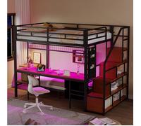 ULEVR Lit mezzanine en métal noir 140 x 200 cm avec lit inférieur 90 x 200 cm, bureau, LED et rangements