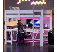 ULEVR Lit mezzanine gaming avec bureau intégré et rangement, 205x95x170 cm - LED 7 couleurs, charge USB, blanc