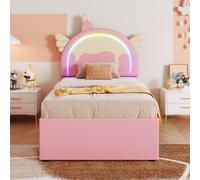 Ulife Lit d'enfant Lit familial Lit d'adolescent avec rallonge, Cartoon forme licorne, 3 tiroirs, 90x200cm, Rose