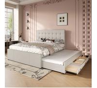 Ulife Lit double rembourr beige 140x200 cm, lit familial avec trois tiroirs, lit gigogne, tte de lit rglable, pas de mu LIT GIGOGNE