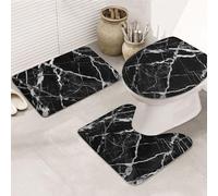 ULKMFFCF Lot de 3 tapis de salle de bain antidérapants à imprimé marbre noir et blanc - Tapis de bain + tapis contour + housse pour abattant de WC, super absorbant en flanelle