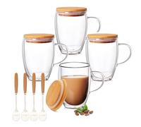 Ulrikco Lot de 4 tasses à café en verre à double paroi de 355 ml avec couvercle/cuillère en bambou, tasses à expresso avec poignée, tasses en verre borosilicate transparent pour boissons chaudes