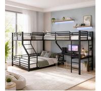 Ulsam Lit Superposé Métal avec Bureau, 3 Couchages 2x90x200cm+140x200cm, Ports USB et Type-C, Noir