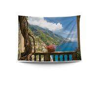 Ulticool Vue sur balcon, montagnes, mer, nature, tapisserie, 200 x 150 cm, poster de jardin, grande tapisserie, accessoire de décoration pour jardin et salon