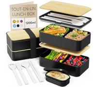 Umami Bento Lunch Box, Couverts & Pot à Sauce Inclus, Boite Repas Étanche, Lunchbox Micro-Ondable, Boîte à Lunch Adulte compartimentee, Noir et Bambou, 1200 ml