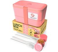 Umami Lunch Box Bento, Tout en-1 avec Couverts, Étanche, Encastrable, | 1500 ml, Premium boîte repas adulte, micro-ondable, 2 pots à sauce, passe au lave-vaisselle, compartimentée, Rose Corail