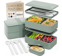 Umami Lunch Box Bento, Tout-en-1, Couverts Inclus, Boite Repas | 1200ml Premium boîte repas micro-ondable, pot à sauce inclus, lunchbox passe au lave-vaisselle, compartimentée, Vert Naturel