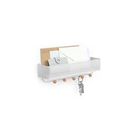 Umbra Estique Organiseur d'entrée, Fixation murale, Blanc/Naturel | Métal, cinq crochets boutons bois, bac perforé courrier et accessoires, vis invisibles