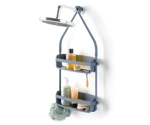 Umbra Flex Étagère de douche, sans perçage, 2 tablettes, Bleu Ardoise | Drainage intégré anti-moisissure, silicone souple, 4 supports flacons inversés, montage sur tringle ou pomme