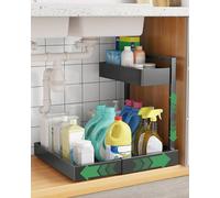 UMDONX Rangement sous Evier Cuisine 2 Étages Métal Organisateur | avec Tiroir Coulissant Réglable en Largeur Rangement Organisation de Cuisine,Noir