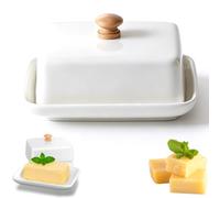 Umllpet Beurrier en Céramique Blanc avec Couvercle Poignée Bois, Format Adapté au Beurre 250g, Passe au Lave-Vaisselle pour Cuisine Familiale