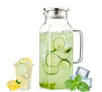 Umllpet Carafe verre 2L couvercle acier design lisse frigo | Bec anti-goutte pour versement propre résiste chaleur lavable lave-vaisselle idéale pour boissons froides et chaudes