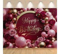 Un élégant fond de bannière 'Happy Birthday' bordeaux et or pailleté, parfait pour les décors de fête d'anniversaire pour femmes, les arrière-plans photo, la décoration de la maison, les cadeaux, les 