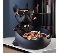 Un grand objet de rangement décoratif en forme de bouledogue français noir, doté d'un plateau pour les lunettes et les clés.