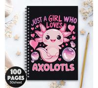 Un joli cahier à spirale avec un design d'axolotl, disponible en rose et violet de style anime, décoré de motifs de cœurs et d'images d'axolotl mexicain. Ce cahier compact et portable avec des coins a