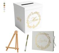Un Jour En Or - Pack Signature Blanc et Or : 4 éléments (Urne Merci, Livre d’or, Stylo encre doré, Chevalet en bois) pour mariage, baptême, anniversaire, départ en retraite et toutes célébrations