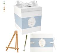 Un Jour En Or - Pack Signature Bleu et Blanc : 4 éléments (Urne Merci, Livre d’or, Stylo encre doré, Chevalet en bois) pour mariage, baptême, anniversaire, départ en retraite et toutes célébrations