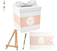 Un Jour En Or - Pack Signature Rose et Blanc : 4 éléments (Urne Merci, Livre d’or, Stylo encre doré, Chevalet en bois) pour mariage, baptême, anniversaire, départ en retraite et toutes célébrations