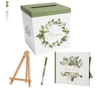 Un Jour En Or - Pack Signature Vert et Or : 4 éléments (Urne Merci, Livre d’or, Stylo encre doré, Chevalet en bois) pour mariage, baptême, anniversaire, départ en retraite et toutes célébrations
