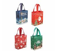 Un lot de quatre sacs cadeaux réutilisables, y compris un sac fourre-tout de vacances avec poignées, 25 x 20 x 10 cm (conçu avec des flocons de neige verts et rouges), utilisés pour l'emballage cadeau