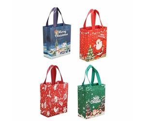 Un lot de quatre sacs cadeaux réutilisables, y compris un sac fourre-tout de vacances avec poignées, 25 x 20 x 10 cm (conçu avec des flocons de neige verts et rouges), utilisés pour l'emballage cadeau