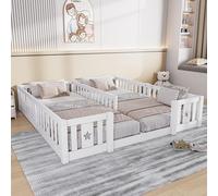 UnboxG Lit double à deux niveaux blanc avec barrière de sécurité et motif étoilé, lot de 2 lits d'enfant sans sommier à lattes, lit robuste en pin pour les familles