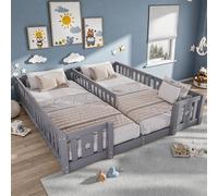 UnboxG Lit enfant en bois massif gris avec barrières de sécurité – lot de 2, pour matelas 90 x 200 cm, sécurité enfant, facile à monter, design moderne