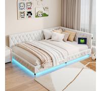 UnboxG Lit rembourré 140x200cm avec LED et fonction de recharge (USB&Typ-c), Lit double Lit d'invité Daybett Jugendbett, Lit fonctionnel en bois avec sommier à lattes