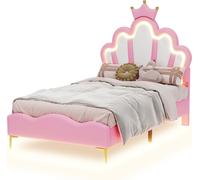 UnboxG Rose Lit d'enfant 90x200 cm avec éclairage LED - Lit simple avec bandes LED à la tête et au fond du lit, Lit moderne pour adolescents